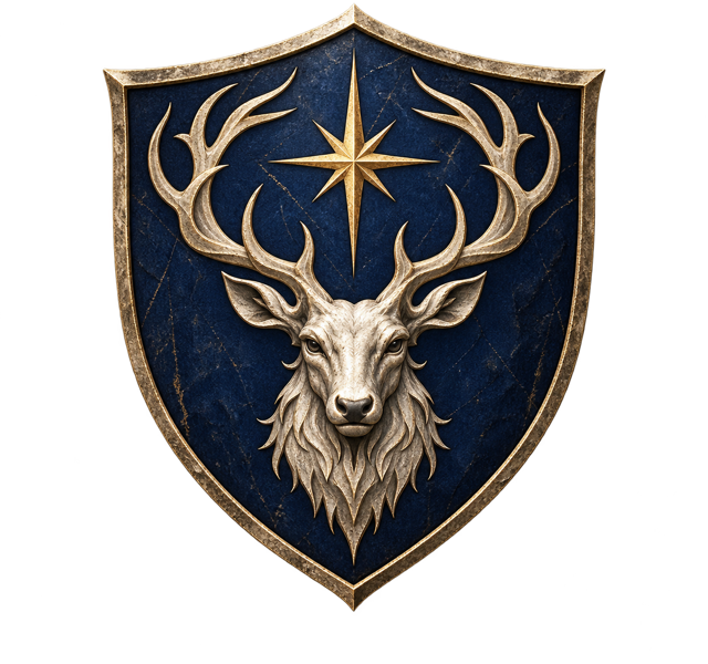Blason des Ambreval : tête de cerf d'argent sur champ bleu nuit, surmontée d'une étoile d'ambre